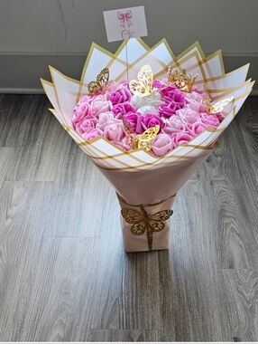 Pink Foam Rose Bouquet with Gold Butterfly Accents